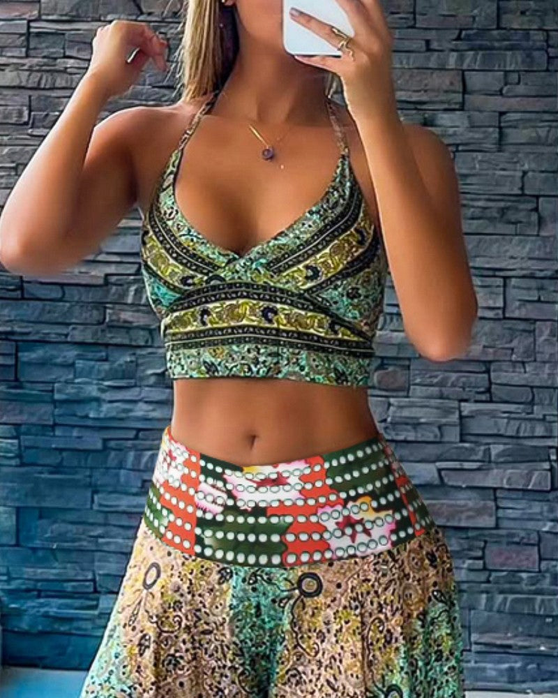 2 Piece Tribal Pattern V Neck Sleeveless Spaghetti Strap Crop Tank Shirred High Waist Wide Leg Pants Vacation Pants Set