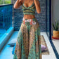 2 Piece Tribal Pattern V Neck Sleeveless Spaghetti Strap Crop Tank Shirred High Waist Wide Leg Pants Vacation Pants Set