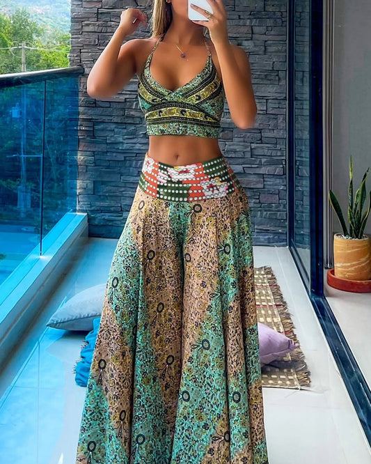2 Piece Tribal Pattern V Neck Sleeveless Spaghetti Strap Crop Tank Shirred High Waist Wide Leg Pants Vacation Pants Set