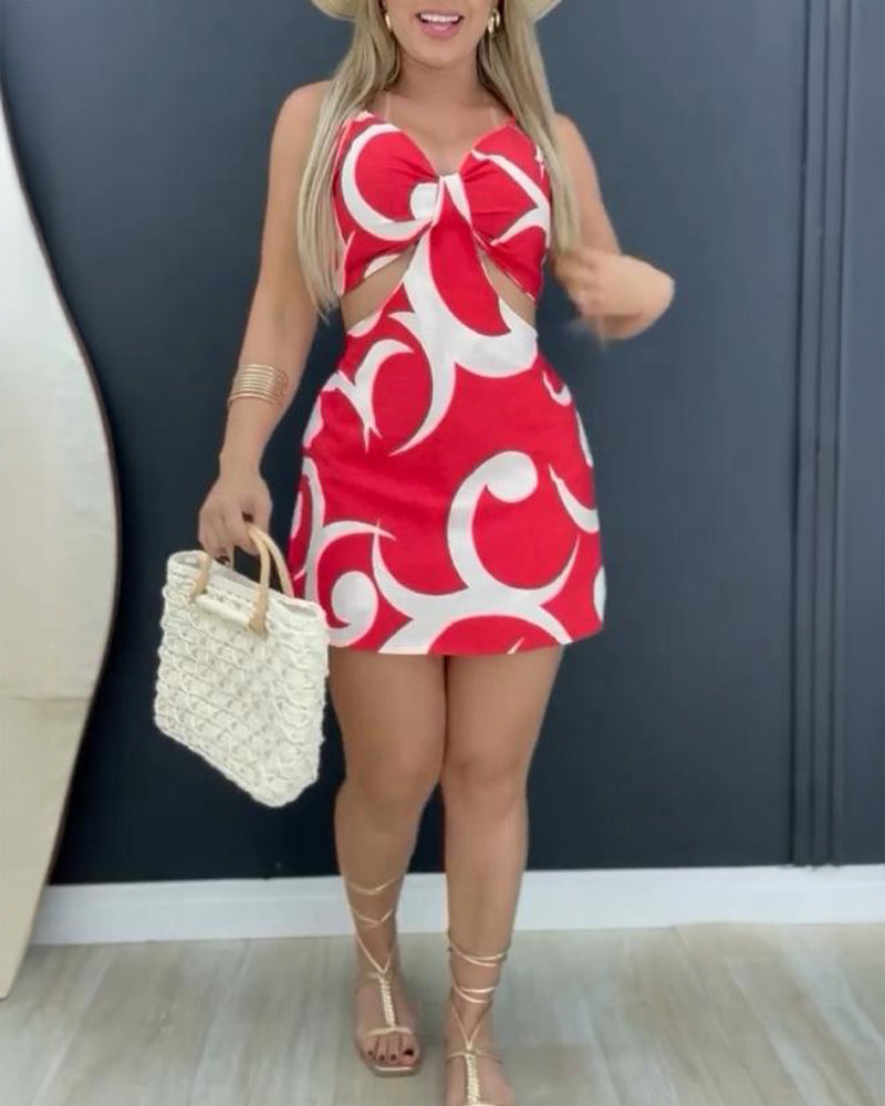 Floral Print Bowknot Decor Spaghetti Strap Skort Romper Casual Hollow out Slim Fit Jumpsuit