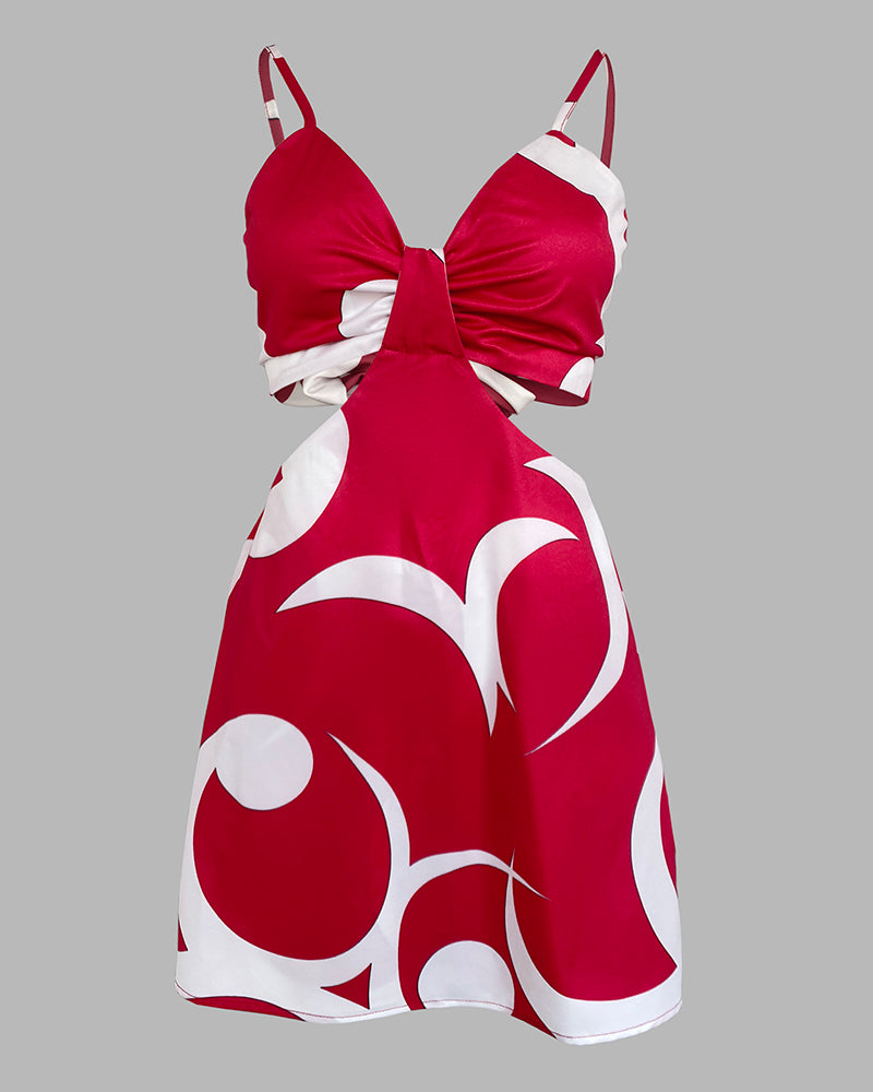 Floral Print Bowknot Decor Spaghetti Strap Skort Romper Casual Hollow out Slim Fit Jumpsuit