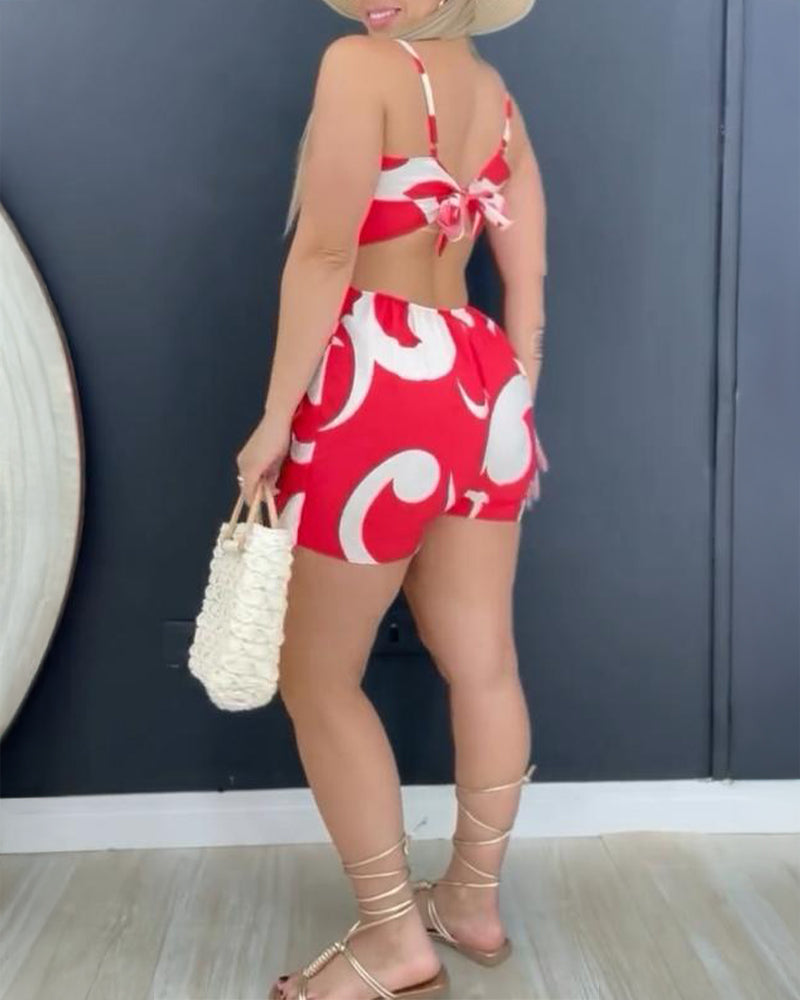 Floral Print Bowknot Decor Spaghetti Strap Skort Romper Casual Hollow out Slim Fit Jumpsuit