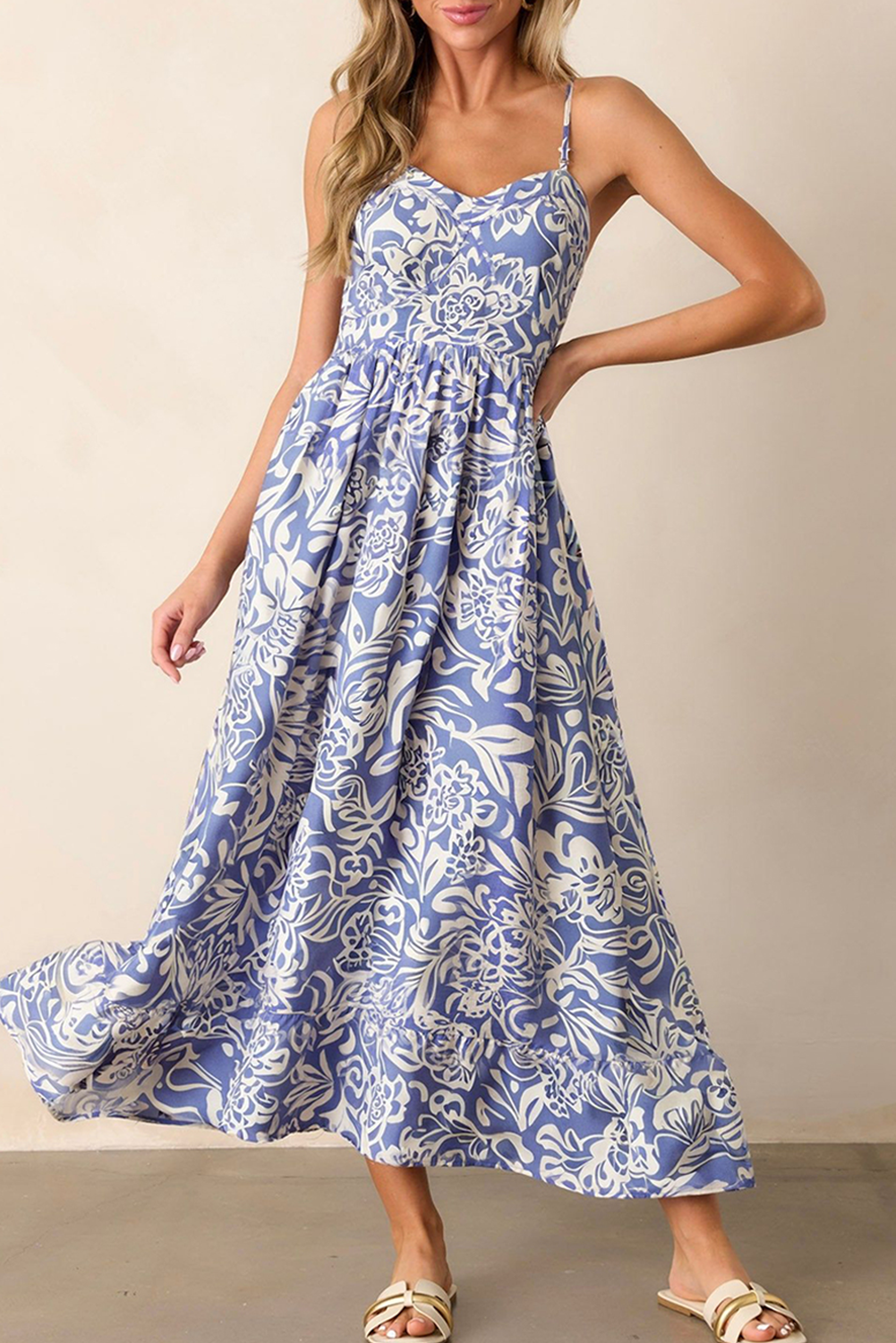 Sky Blue Floral Print Spaghetti Strap High Waist Maxi Dress
