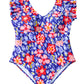 Blue Floral Print Ruffled V Neck High Waist One Piece Swimwear