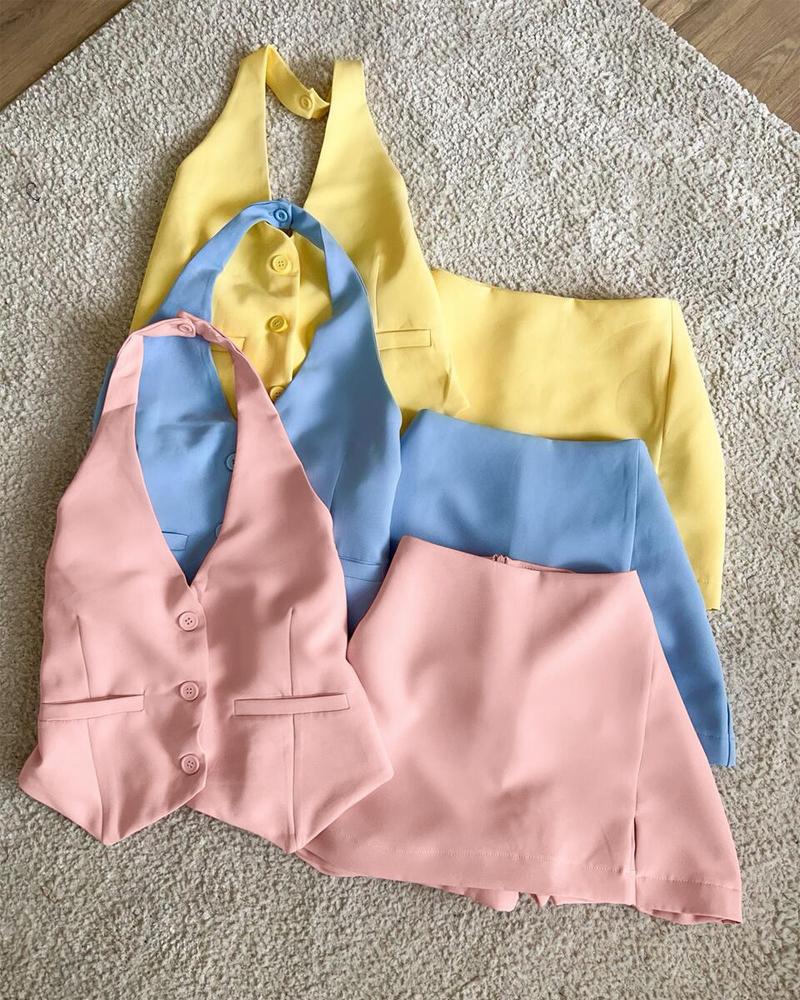 2 Pieces Outfit Plain Halter V Neck Button Front Backless Tank Top and Casual Side Slit Skirt Set