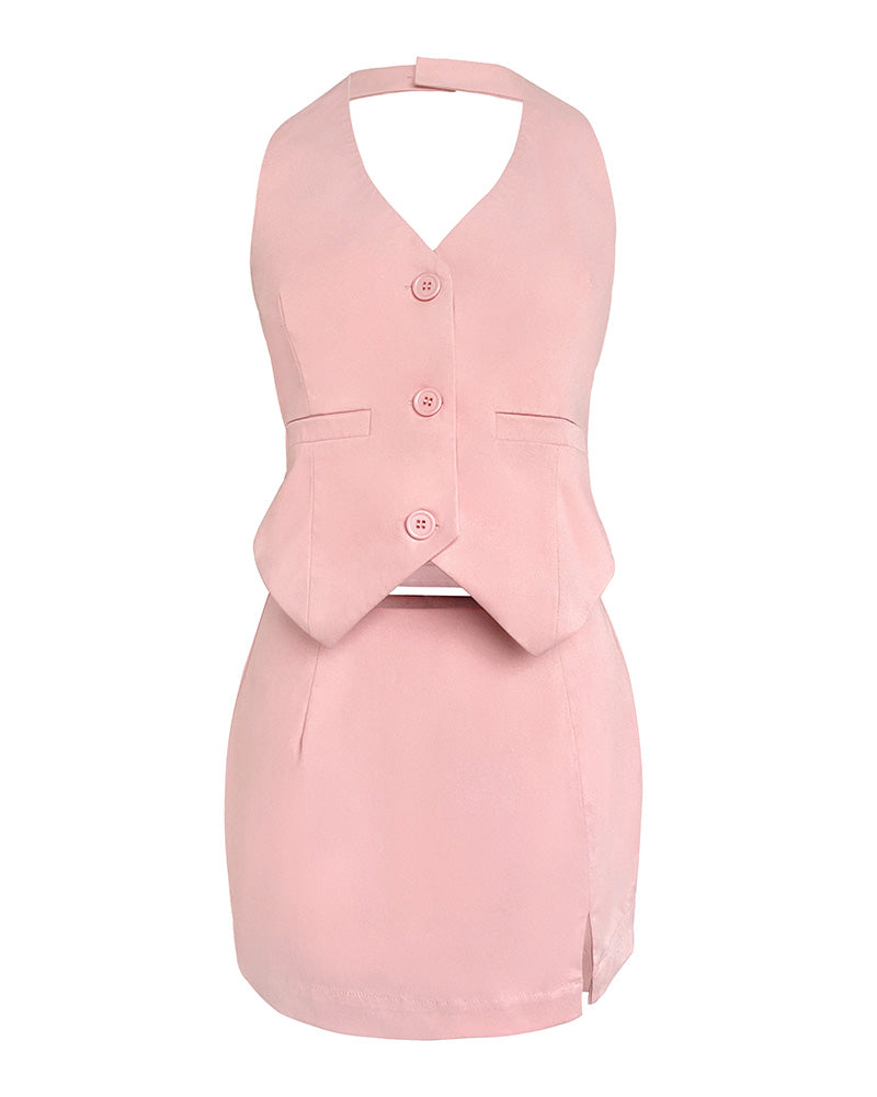 2 Pieces Outfit Plain Halter V Neck Button Front Backless Tank Top and Casual Side Slit Skirt Set