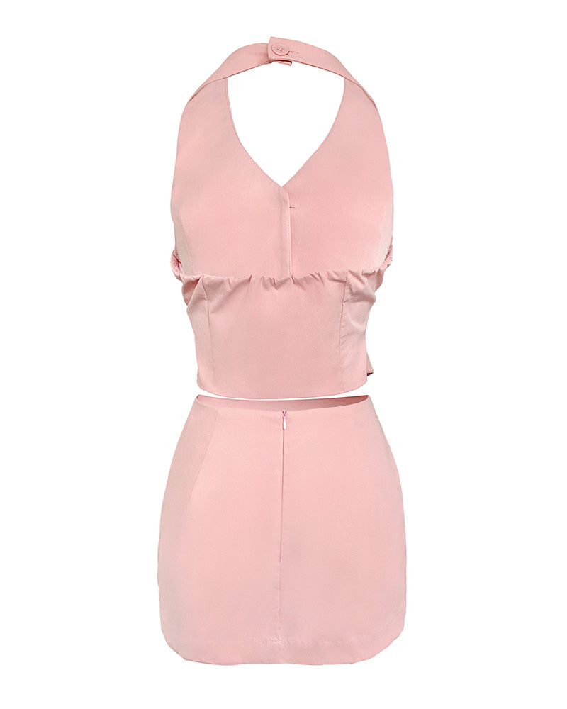 2 Pieces Outfit Plain Halter V Neck Button Front Backless Tank Top and Casual Side Slit Skirt Set