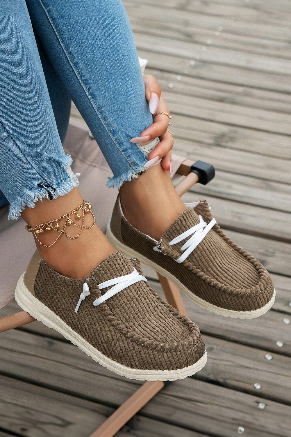 Coffee Solid Ribbed Criss Cross Slip On Casual Shoes