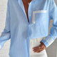 Sky Blue Stripe Contrast Patch Pocket Cuffed Sleeve Casual Shirt