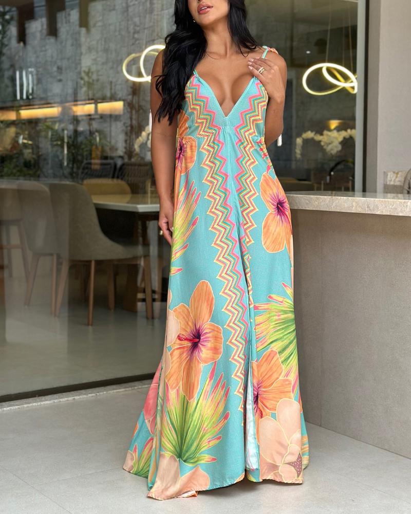 Floral Print V Neck Spaghetti Strap Maxi Dress Casual Hollow out Waist Ruched Dress