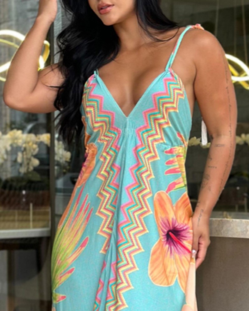 Floral Print V Neck Spaghetti Strap Maxi Dress Casual Hollow out Waist Ruched Dress