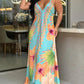 Floral Print V Neck Spaghetti Strap Maxi Dress Casual Hollow out Waist Ruched Dress