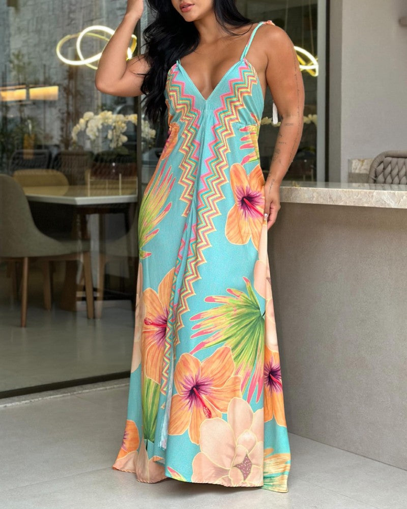 Floral Print V Neck Spaghetti Strap Maxi Dress Casual Hollow out Waist Ruched Dress