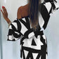 Cold Shoulder Bell Sleeve Abstract Print Dress