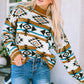 Brown Aztec Striped Knit Ribbed Trim Sweater