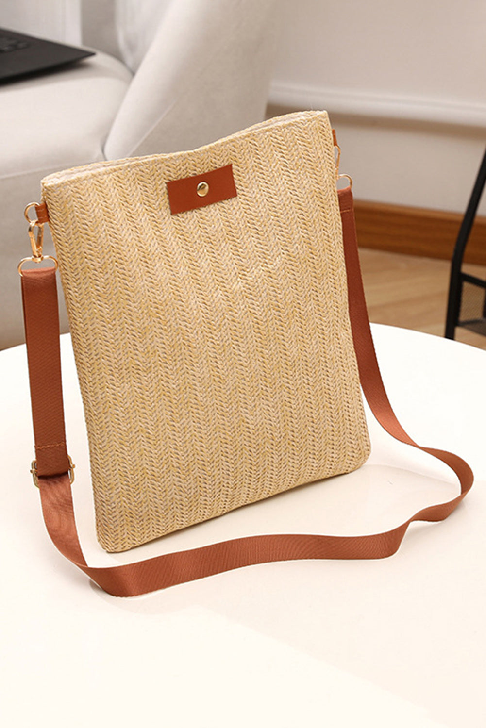 Oatmeal Straw Woven Single Button Crossbody Bag