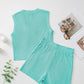 Mint Green Ribbed Button V Neck Tank Top and Shorts Set