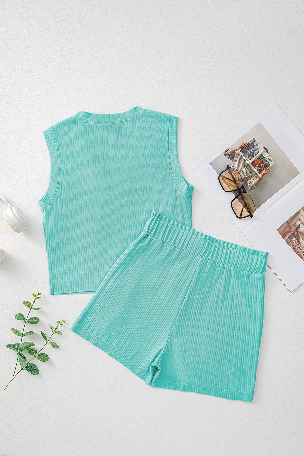 Mint Green Ribbed Button V Neck Tank Top and Shorts Set