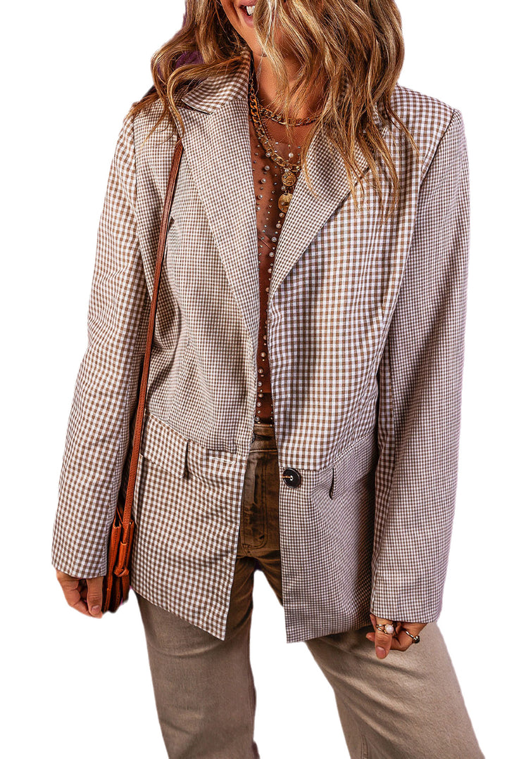 Coffee Plaid Patchwork Pocketed Single Breasted Blazer