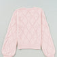 Gossamer Pink Openwork Plaid Puff Sleeve Cropped Sweater