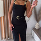 Square Neck Thick Strap Chain Decor Slit Bodycon Dress