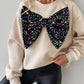 Round Neck Long Sleeve Contrast Sequin Bowknot Decor Sweatshirt
