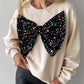 Round Neck Long Sleeve Contrast Sequin Bowknot Decor Sweatshirt