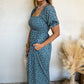 Blue Vintage Boho Floral Smocked Short Puff Sleeve Wide Leg Jumpsuit