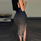 Ombre Rhinestone Decor Party Dress Ruched Side Slit Bodycon Slip Dress