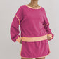 Rose Red Color Contrast Loose Pullover and Lace-up Waist Skort Set