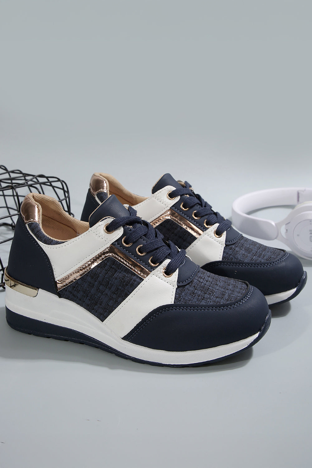 Sail Blue Glitter Patched Lace-up Wedge Sneakers