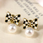 Black Checkered Bow Knot Pearl Pendant Stud Earrings