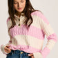 Pink Stripe Cable Knit Collared Henley Sweater