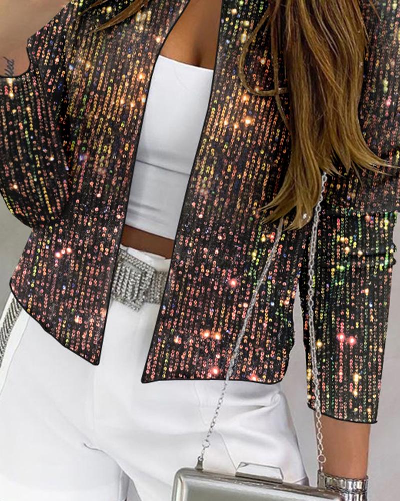 Sparkly Sequin Open Front Puff Sleeve Blazer Coat
