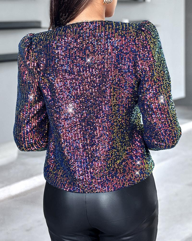 Sparkly Sequin Open Front Puff Sleeve Blazer Coat