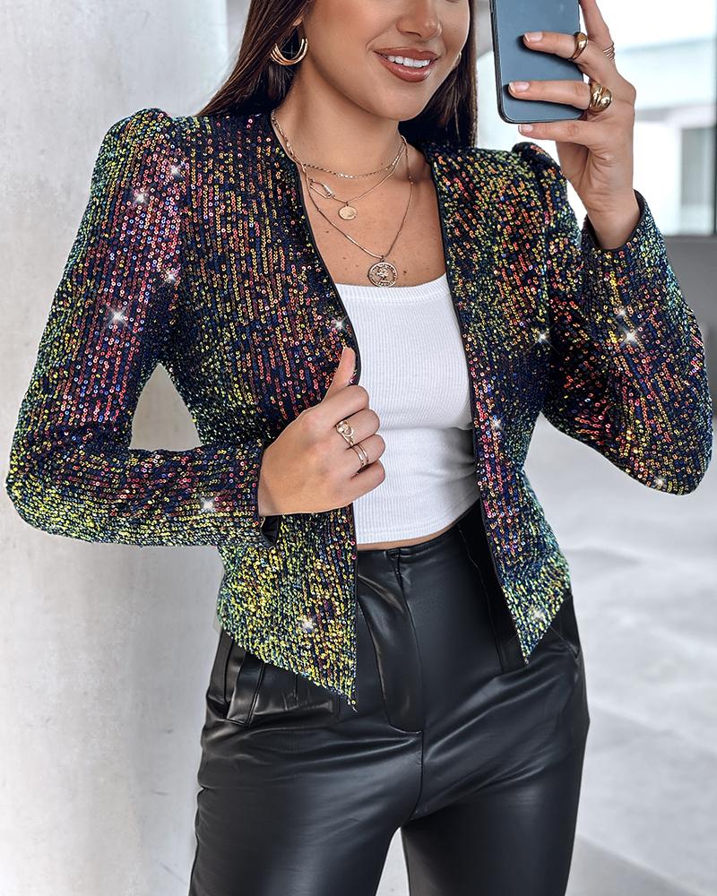 Sparkly Sequin Open Front Puff Sleeve Blazer Coat
