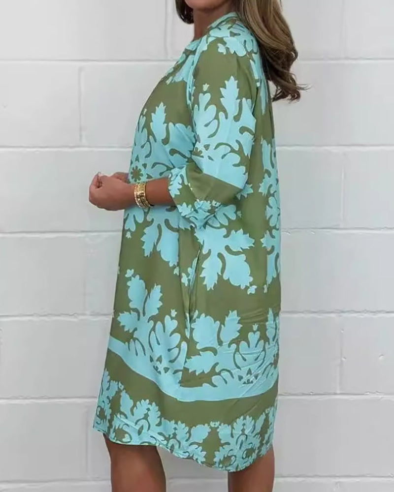 Plants Print Three Quarters Sleeve Stand Collar Dress Casual Loose Fit Midi Dress