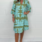 Plants Print Three Quarters Sleeve Stand Collar Dress Casual Loose Fit Midi Dress