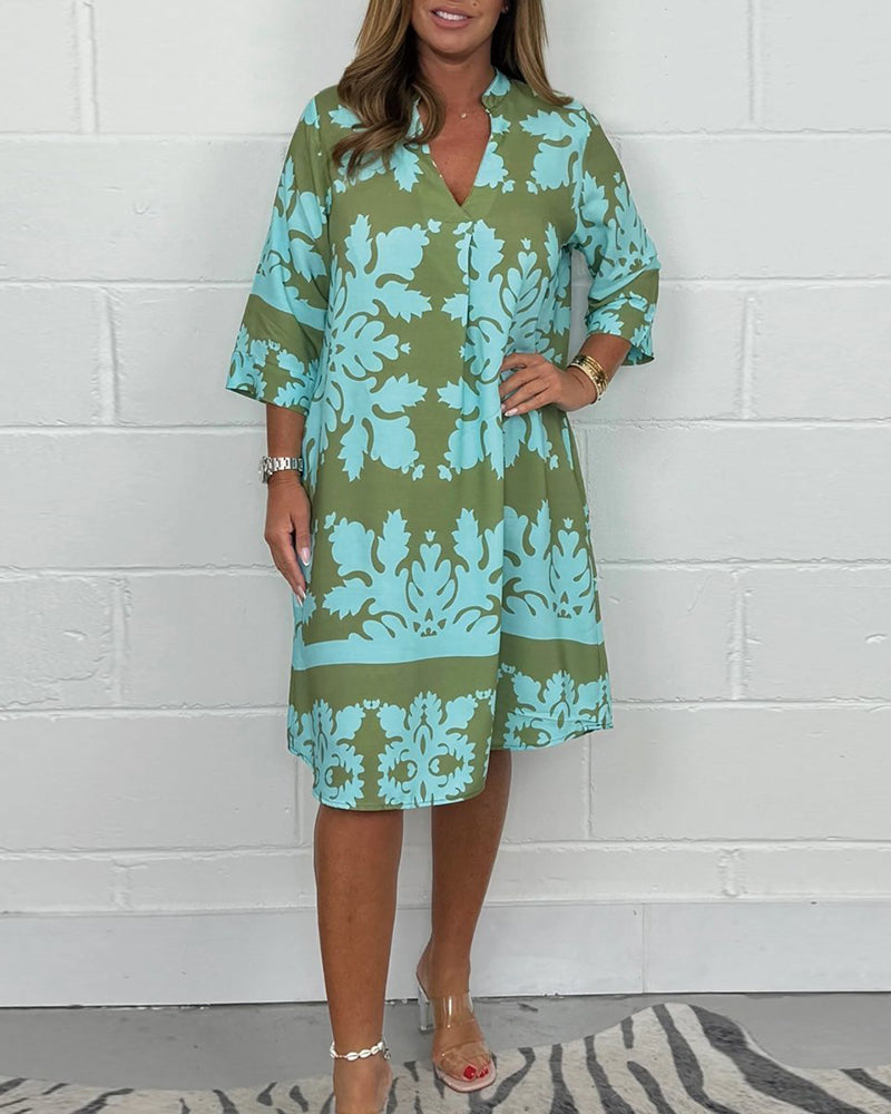 Plants Print Three Quarters Sleeve Stand Collar Dress Casual Loose Fit Midi Dress