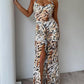 Leopard Print Halter Sleeveless Bodycon Dress Sexy Front Sit Chiffon Maxi Dress