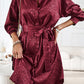 Burgundy Sleek Leopard Long Sleeve Tie Waist Shirt Dress