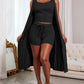 U Neck Ribbed Top & Drawstring Shorts Set With Open Front Coat