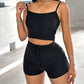 U Neck Ribbed Top & Drawstring Shorts Set With Open Front Coat