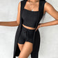 U Neck Ribbed Top & Drawstring Shorts Set With Open Front Coat