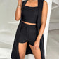 U Neck Ribbed Top & Drawstring Shorts Set With Open Front Coat
