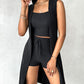 U Neck Ribbed Top & Drawstring Shorts Set With Open Front Coat