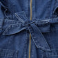 Sail Blue Denim Ruffled Zipped Front Belted Romper