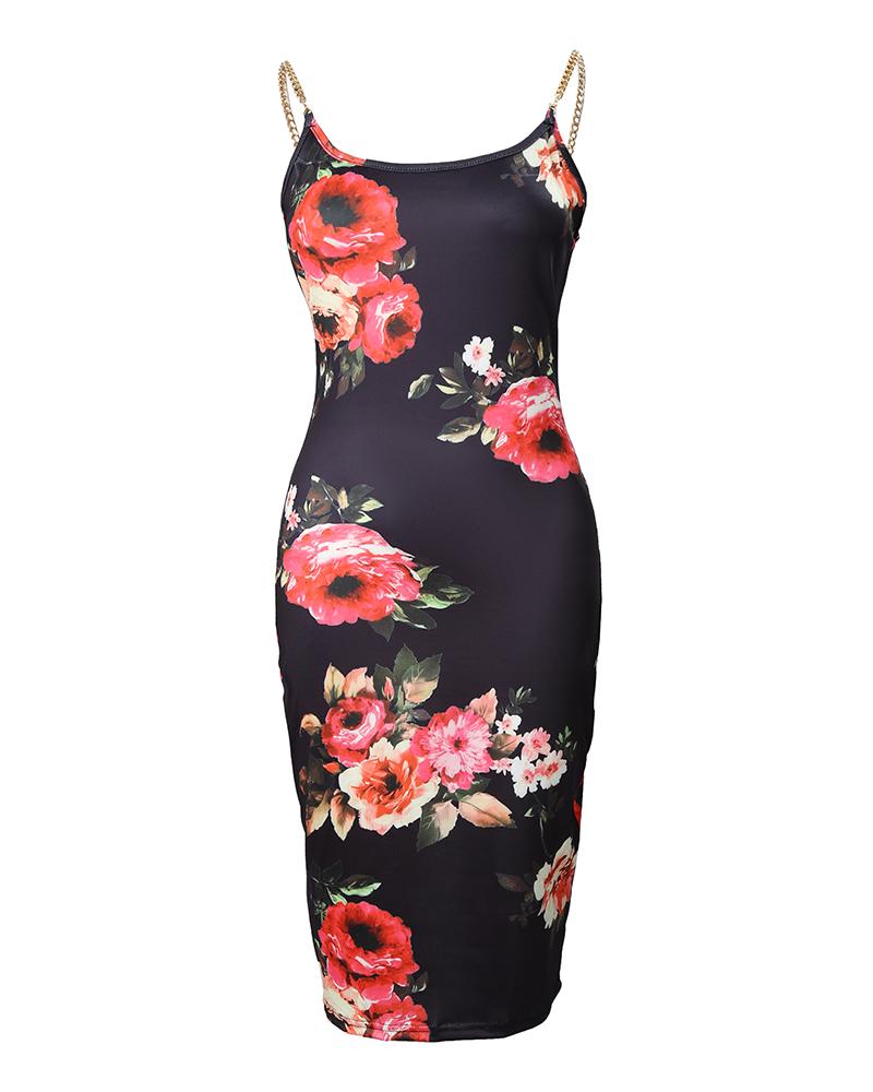 Floral Print Chain Decor Bodycon Dress