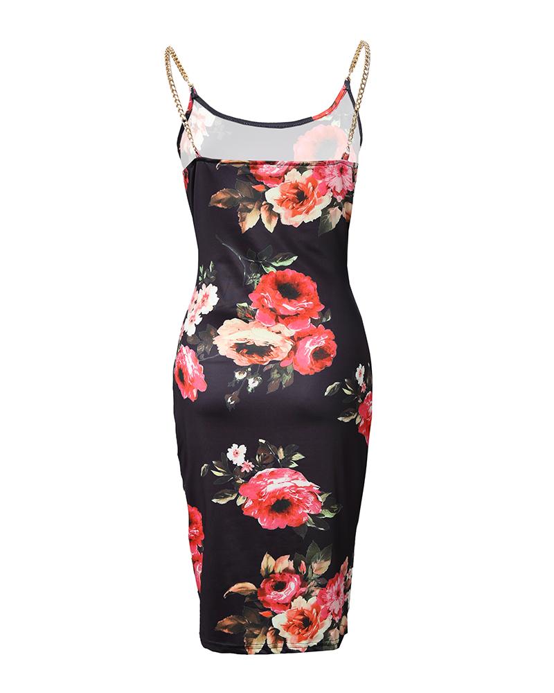Floral Print Chain Decor Bodycon Dress