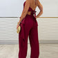 2 Pieces Outfit Halter Asymmetrical Ruffles Hem Backless Top and Casual Wide Leg Pants Set